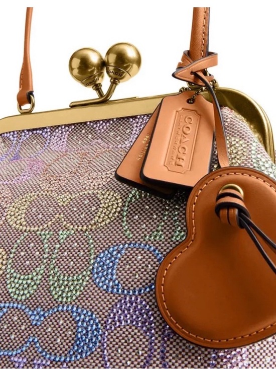 Coach Crystal Rainbow Signature Kisslock Bag with Tan Leather and Brass Hardware - Picture 2 of 15